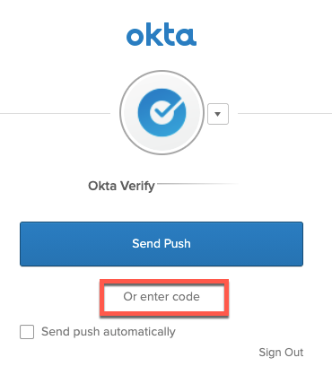 Link for authentication using a code generated by Okta Verify