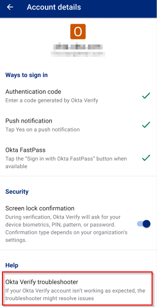 Troubleshooter in Okta Verify for Android.