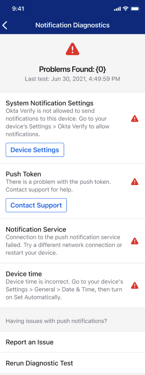Errors reported by the Notification Diagnostics tool in Okta Verify