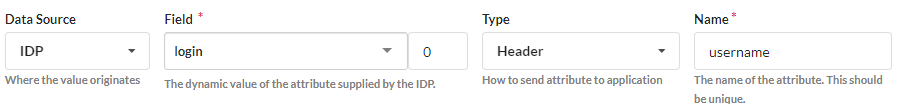 Example mapping of idP field login to to header field username.