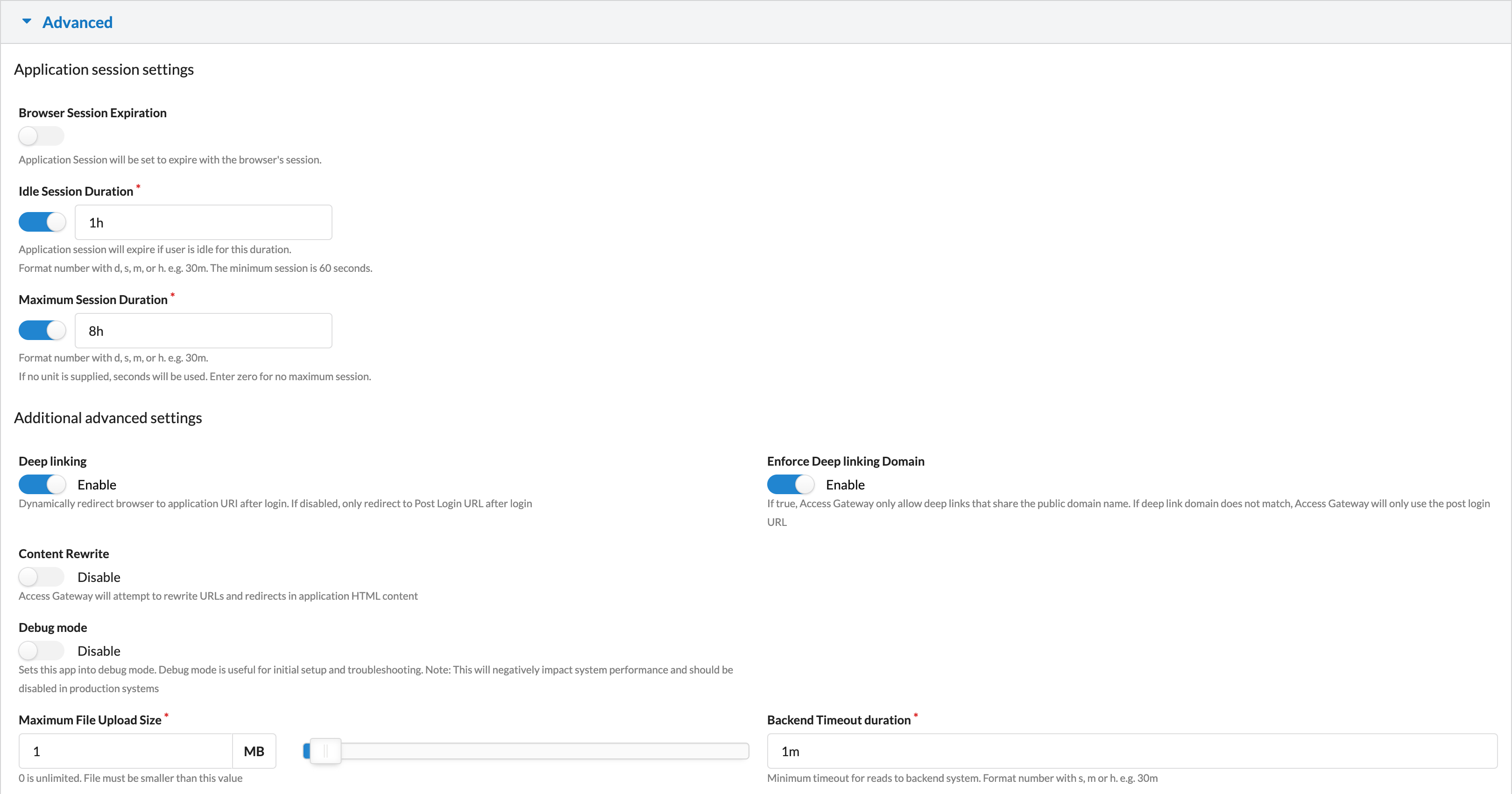 Advanced Application session settings
