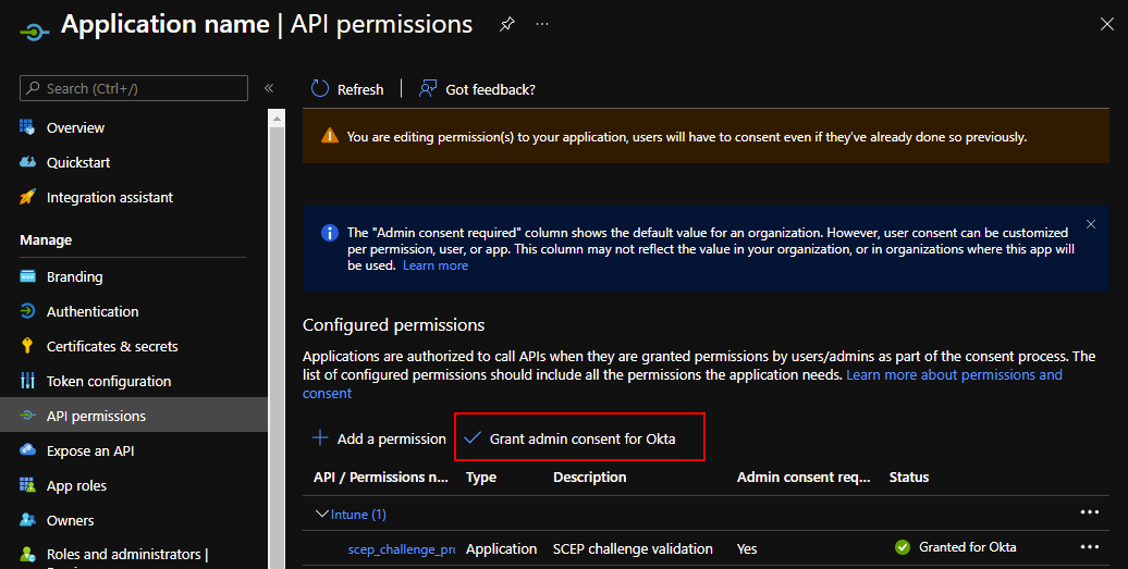 The image indicates the location of the Grant admin consent button.