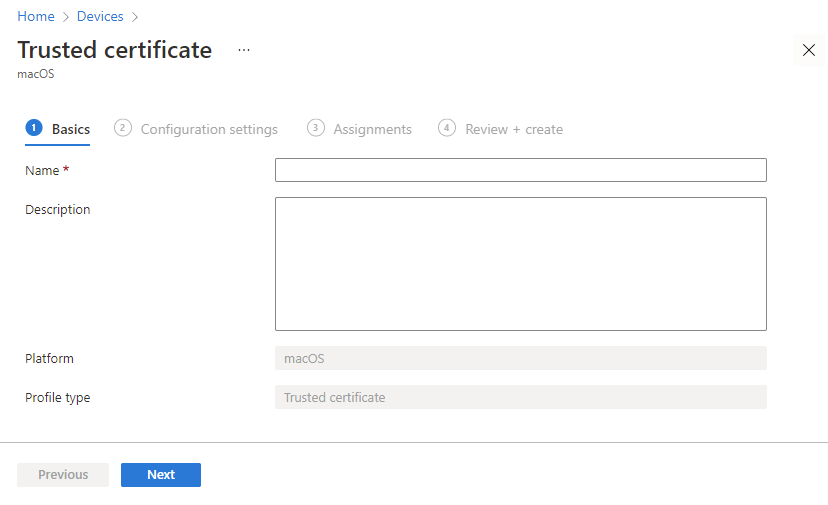 The image shows the trusted certificate screen in the Microsoft Intune configuration manager.