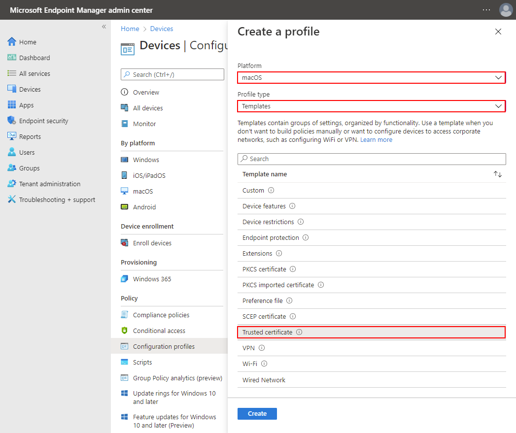 The image shows the create a profile screen in the Microsoft Intune configuration manager.
