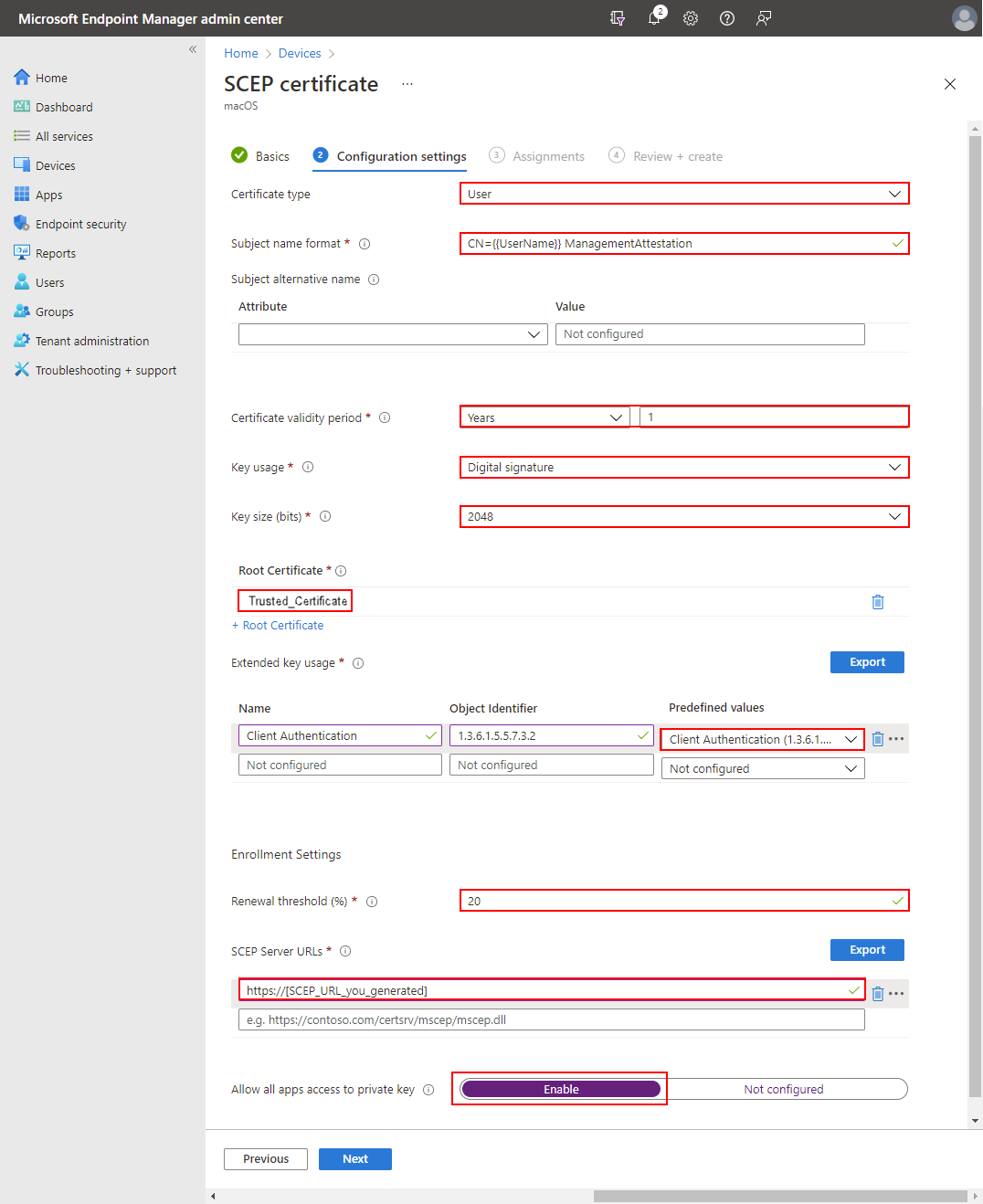 Microsoft Endpoint Configuration Manager SCEP certificate screen.