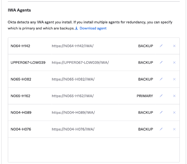 The screenshot provides an example of configured IWA Agents.
