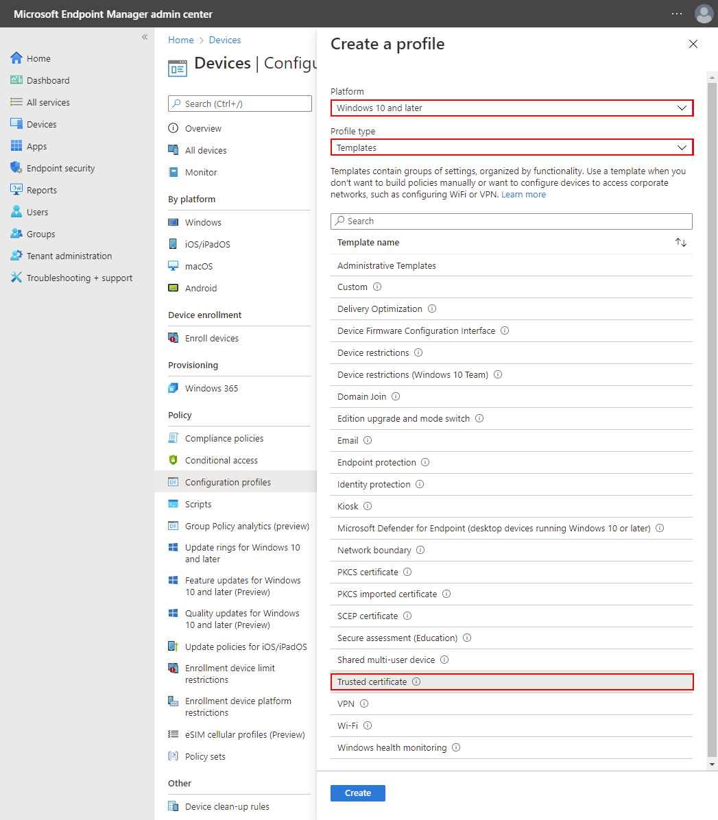The interface page for creating a profile in the Microsoft Endpoint Configuration Manager.