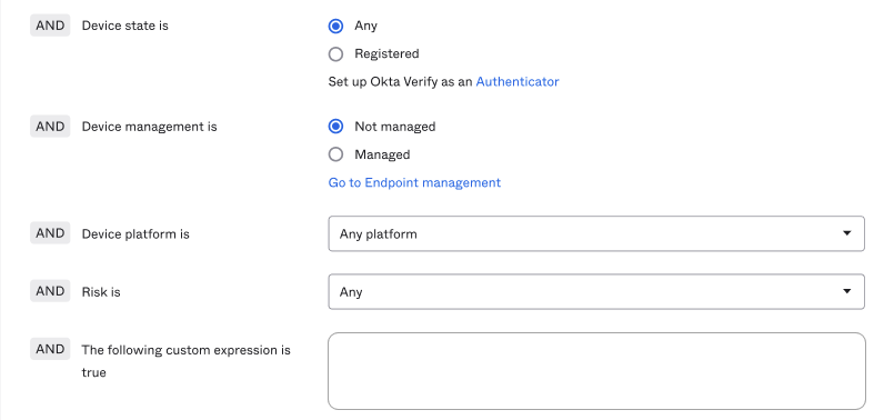 The screenshot shows what any existing policies with the Okta FastPass feature should look like before disabling FastPass.