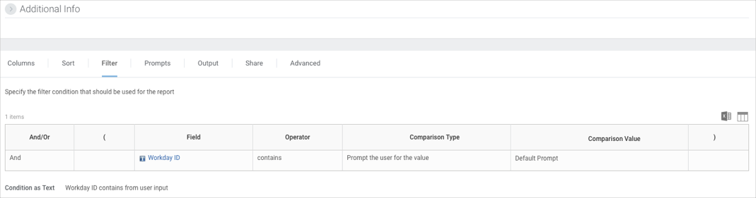 Image of the custom report filter tab.