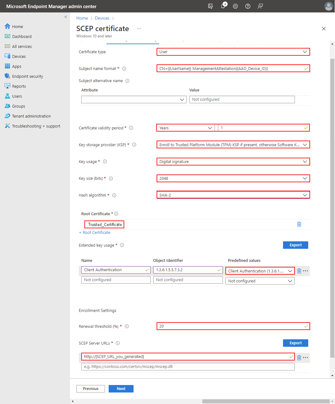 Microsoft Endpoint Configuration Manager SCEP certificate screen.