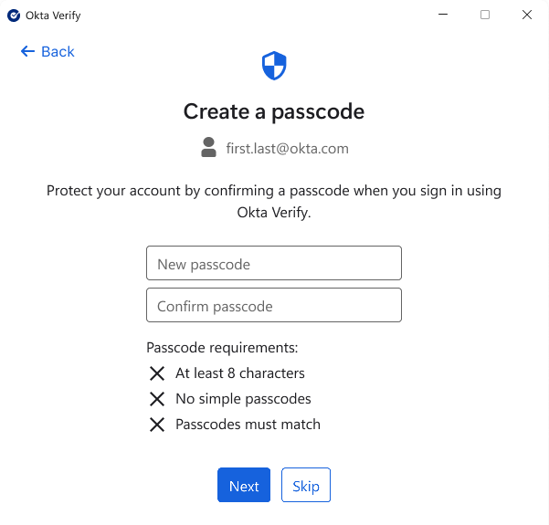 Okta Verify prompts users to create a passcode.