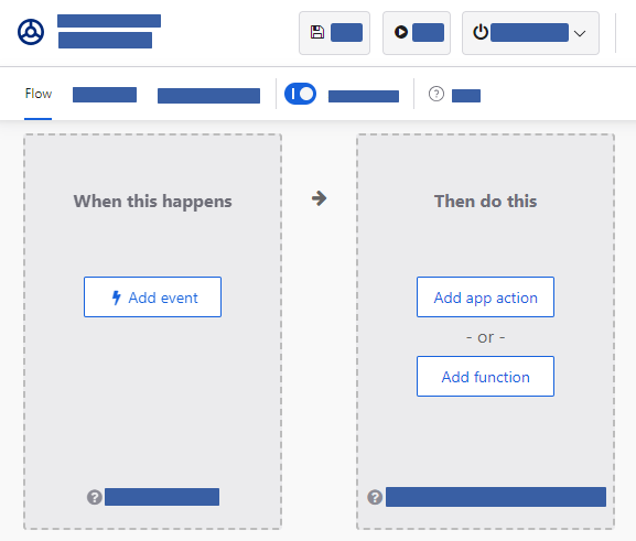 Image showing the base elements of a flow: the event, action, and function cards.